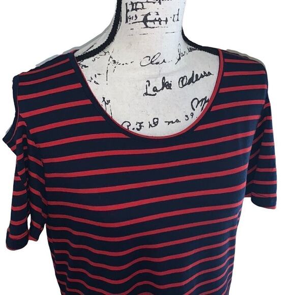 Vemvan navy & red striped cold shoulder short sleeve blouse medium - Picture 4 of 6